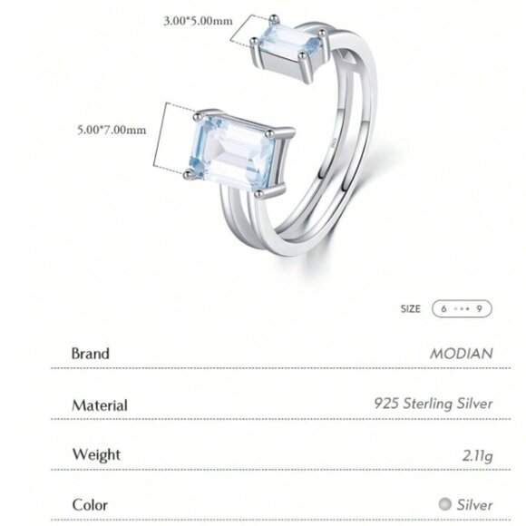 925 Silver Emerald Cut CZ Ring Stone Light Blue Cuff Ring Modern Sz 6 - 9 - Picture 5 of 6